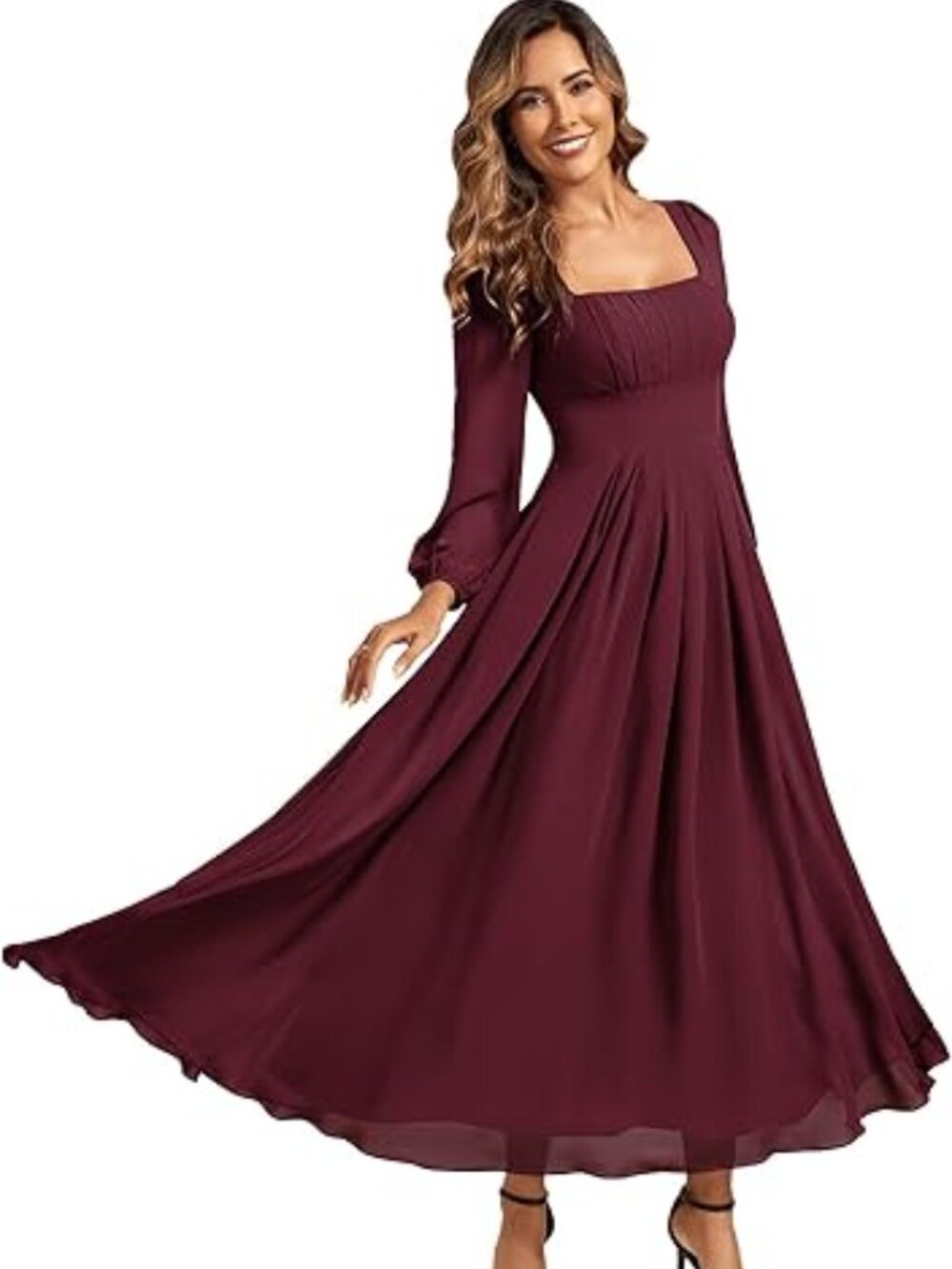 Ever-Pretty Women Wedding Square Neck Long Sleeve Chiffon Maxi Bridesmaid Dress